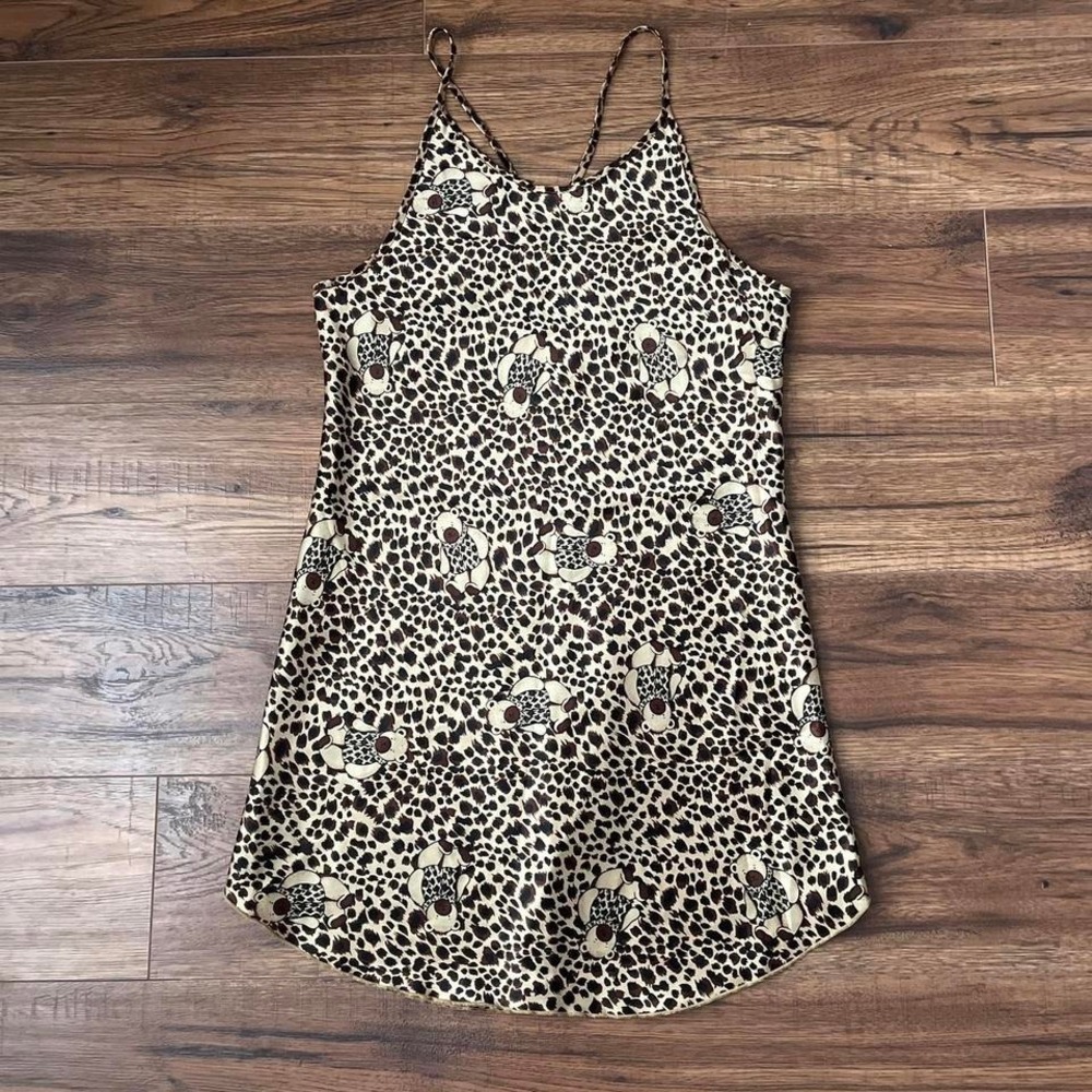 Vintage Leopard‎ Print Teddy Satin Slip Short Dress Women Small Coquette Y2K